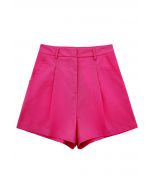 Side Pocket Pleated Linen-Blend Shorts in Hot Pink