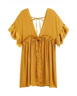 Deep V-Neck Flounce Sleeve Buttoned Cover-Up in Mustard