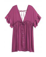 Deep V-Neck Flounce Sleeve Buttoned Cover-Up in Purple