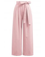 Bow Tie Sash Pleated Wide-Leg Pants in Pink