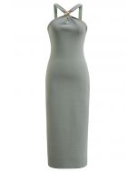 Golden Bead Trim Halter Sheath Dress in Sage