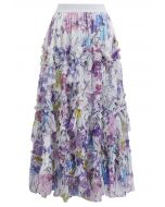 Flowery Printed Ruffle Mesh Maxi Skirt in Purple