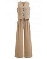 Linen-Blend Button Down Vest and Pants Set in Tan