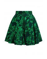 Green Floral Jacquard Pleated Mini Skirt