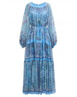 Mystic Garden Bubble Sleeve Ruffle Maxi Dress in Blue