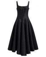 Polished Satin Flared Hem Cami Dress in Black