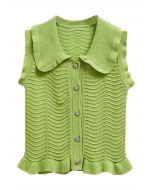 Ruffle Edge Wavy Pointelle Knit Top in Green