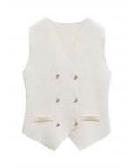 Asymmetric Hem Double-Breasted Knit Vest in Ivory