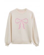 Ribbon Bowknot Pattern Jacquard Knit Sweater in Cream