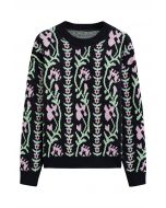 Floral Branch Jacquard Knit Sweater in Black