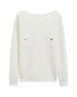 Buttons Decorated Pocket Waffle Knit Sweater in White