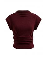 Shimmering Ruched Waist Cap Sleeves Top in Burgundy