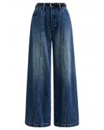 Iconic Silhouette Belted Palazzo Jeans in Blue