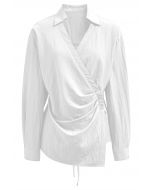 Side Pleats Collared Buttoned Wrap Shirt in White