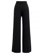 Buttoned Hem Ribbed Knit Pants in Black