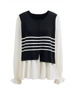 Chic Striped Knit Spliced Peplum Top in Black