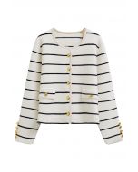 Contrast Stripes Button Down Cardigan in Ivory