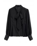 Flock Dot Self-Tie Bowknot Button Shirt in Black