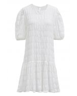 Flowing Embossed Pleat Detail Mini Dress in White