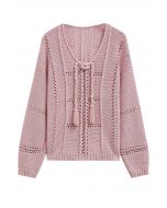 Hollow Out Tie-Neck Knit Top in Pink