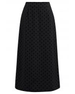 Velvet Polka Dot Back Slit Midi Skirt in Smoke