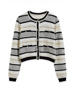 Striped Pointelle Lace Knit Button Cardigan in Black