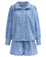 Guipure Lace Buttoned Shirt and Shorts Set in Blue