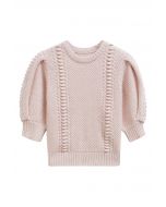 Embossed Texture Puff Sleeve Knit Sweater in Pink