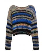 Multicolored Stripe Pointelle Fringed Knit Sweater in Black