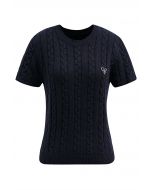 Embroidered Heart Braided Short-Sleeve Sweater in Navy