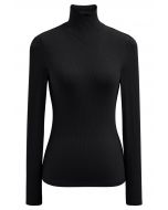 Faux-Wrap Mock Neck Long-Sleeve Top in Black