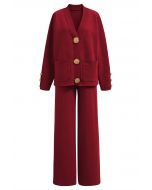 Golden Button Patch Pocket Knit Cardigan and Pants Set in Red