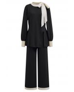 Contrast Edge Bowknot Knit Sweater and Pants Set in Black