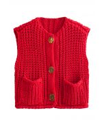 Bold Golden Buttons Patch Pocket Chunky Knit Vest in Red