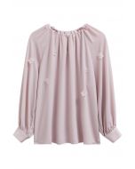 3D Floret Pearly Cutout Puff Sleeve Shirt in Pink