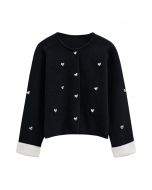 3D Heart Embellished Stud Button Contrast Cardigan in Black