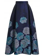 Midnight Blue Peony Jacquard Flare Maxi Skirt