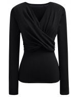 Artful Crisscross V-Neck Long Sleeve Knit Top in Black