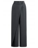 Asymmetric Flap Buttoned Straight-Leg Pants in Smoke