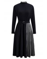 Inventive Contrast Striped Belted Ribbed Knit Dress in Black