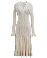 Ruffle Elegance V-Neck Buttoned Openwork Knit Dress in Ivory