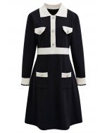 Voguish Contrast Collared Buttoned Knit Dress