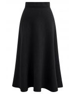 Solid Color A-Line Knit Midi Skirt in Black