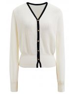 Button Trim Contrast Knit Cardigan in White