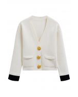 Eye-Catching Golden Stud Button Contrast Knit Cardigan in Ivory