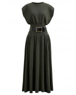 Gentle Knit Top and Belted High Waist Skirt Set in Army Green