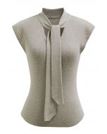 Ribbon-Tied Neckline Cap Sleeve Knit Top in Linen