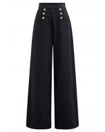 Grid Print Button Decor Straight-Leg Pants in Black