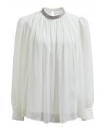 Sparkling Beaded Neckline Sheer Top in White