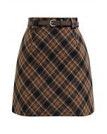 Darling Plaid Belted Mini Skirt in Brown